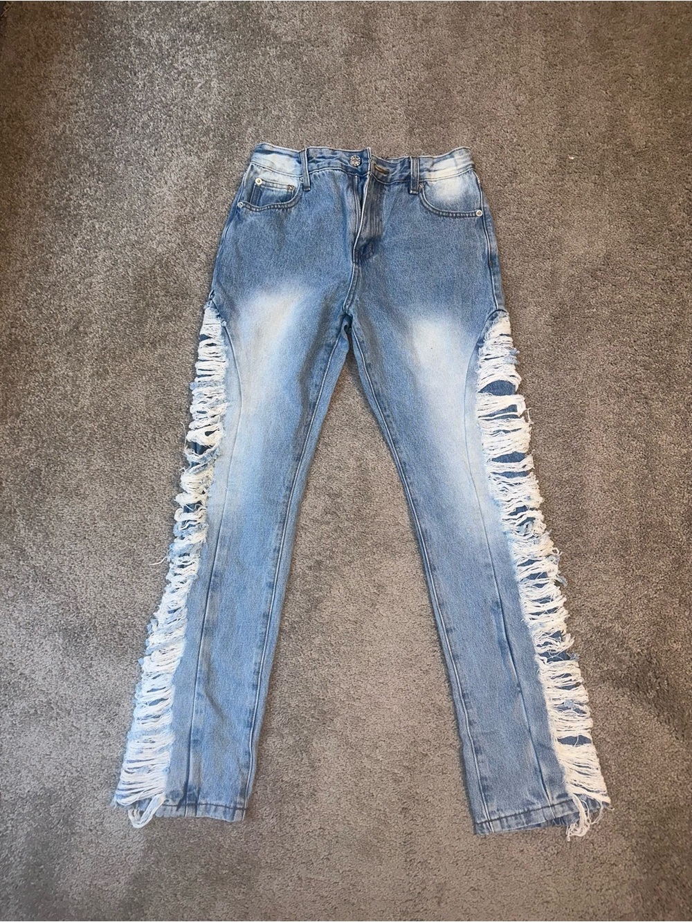 Fashion Nova Boys Baggy Shredded Side Light Blue Jeans Brand New 12/14
